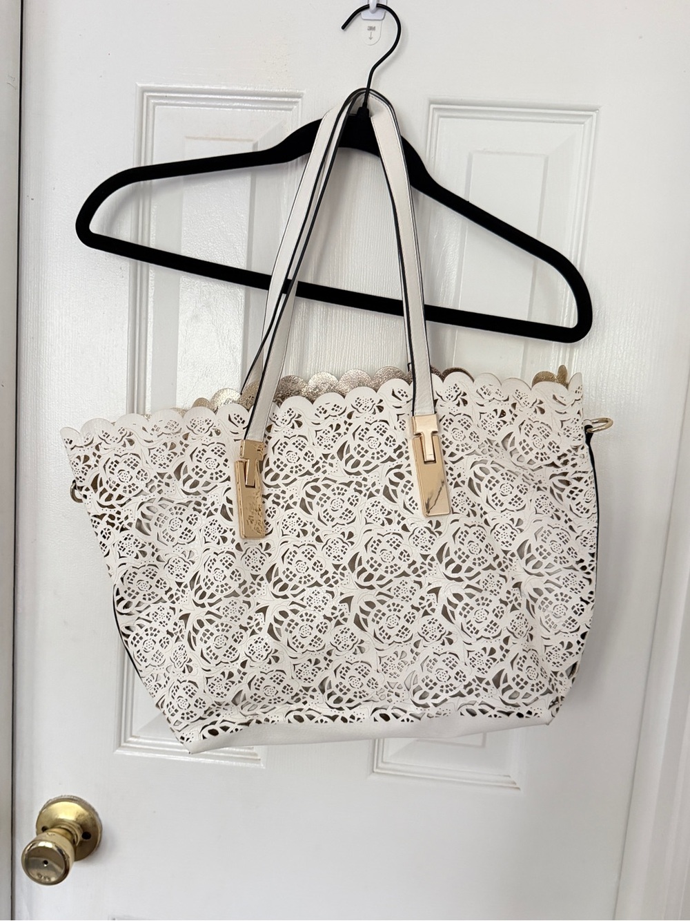Aldo 2 in 1 White Laser-Cut Floral Tote Bag with Gold Trim